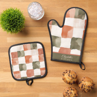 Gingham Terra Cotta and Green Ofenhandschuh & Topflappen-Set