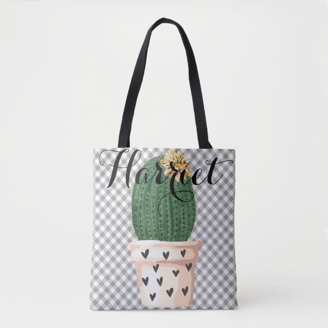 Gingham Tote Bag mit Kaktus Topf Anpassbar (Vorderseite)