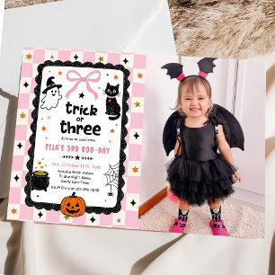 Gingham Trick Or Three Halloween Geburtstag Foto Einladung
