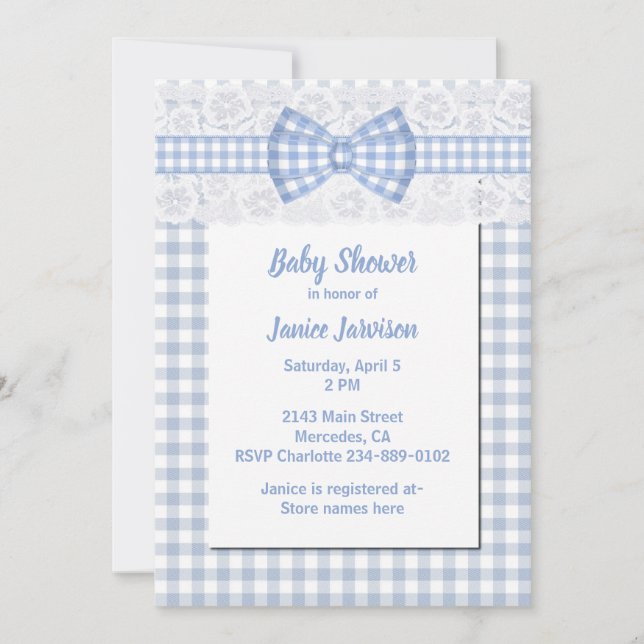 Gingham-u. Spitze-Land-blaue Babyparty-Einladung Einladung (Vorderseite)