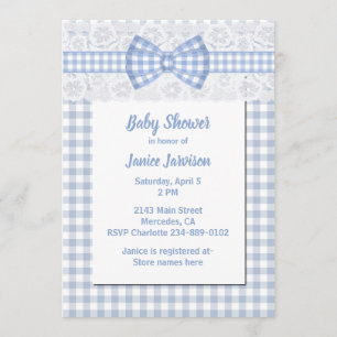 Gingham-u. Spitze-Land-blaue Babyparty-Einladung Einladung