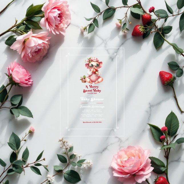 Gingham und Strawberry Berry Sweet Baby Shower Acryleinladungen (Gingham and Strawberry Baby Shower Acrylic Invitation)