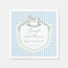 Gingham-Wappen-Babydusche aus blauem Holz Serviette