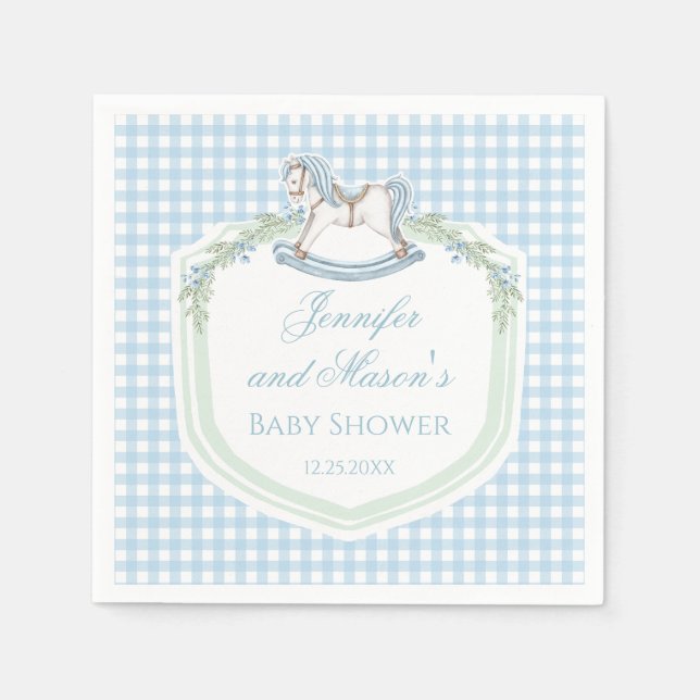 Gingham-Wappen-Babydusche aus blauem Holz Serviette (Vorderseite)