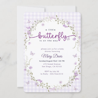 Gingham Watercolor Lavendel Schmetterling Baby Sho Einladung
