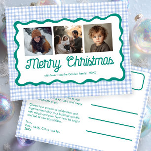 Gingham Wavy Blue Green Christmas Custom 3 Foto Feiertagspostkarte