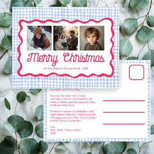 Gingham Wavy Pink Blue Christmas Custom 3 Foto Feiertagspostkarte