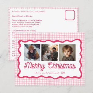 Gingham Wavy Pink Christmas Custom 3 Foto Feiertagspostkarte