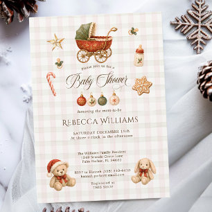 Gingham-Weihnachten Vintage-Kinderwagen-Baby-Party Einladung