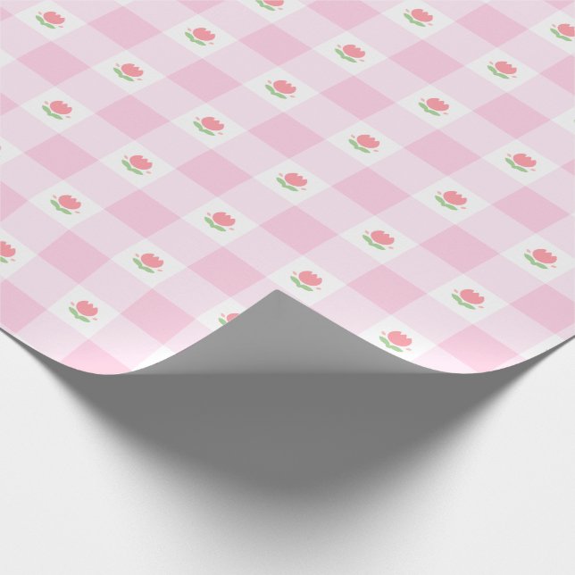 Gingham Wrapping Papier Pastel Pink mit Tulip Geschenkpapier (Ecke)