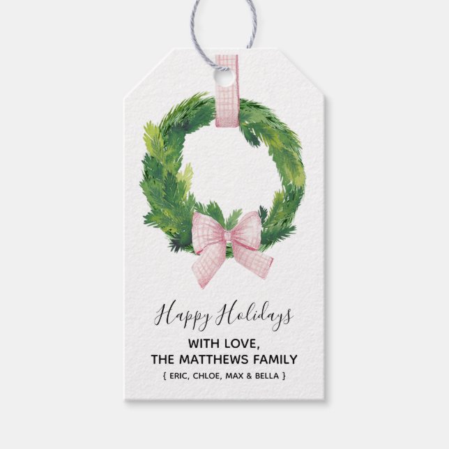 Gingham Wreath Holiday Weihnachtsgeschenke Tags Geschenkanhänger (Vorderseite)