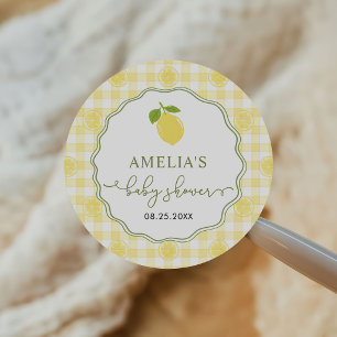 Gingham-Zitronen-Zitrus-Themen-Baby-Party Runder Aufkleber