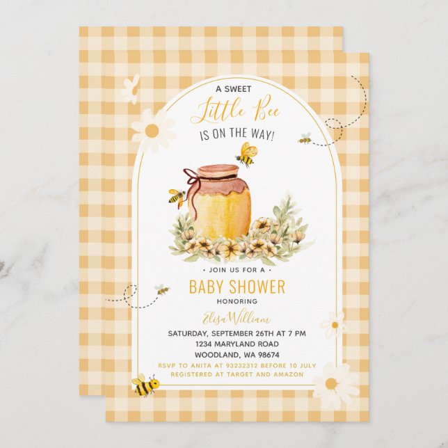 GinghamSweet Little Bee ist auf der Way Baby Showe Einladung (Vorne/Hinten)