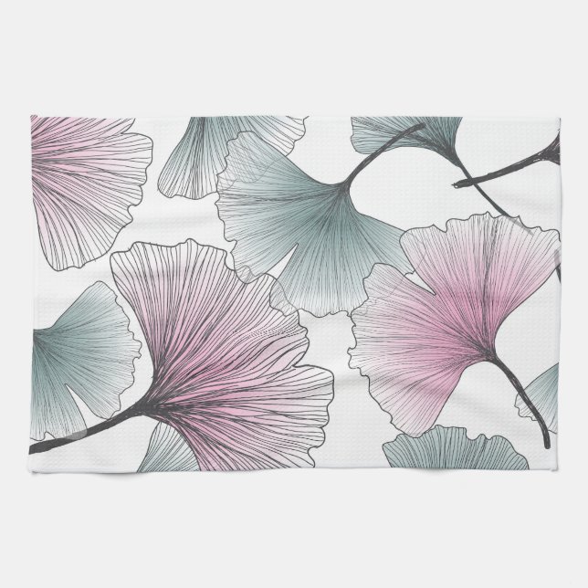 Gingko Biloba von Hand gezeichnet. Geschirrtuch (Horizontal)