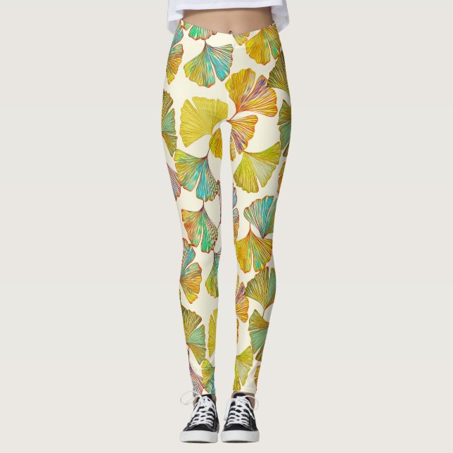 Gingko-Blätter: Abstrakte Kunst der Blumen Leggings (Vorderseite)