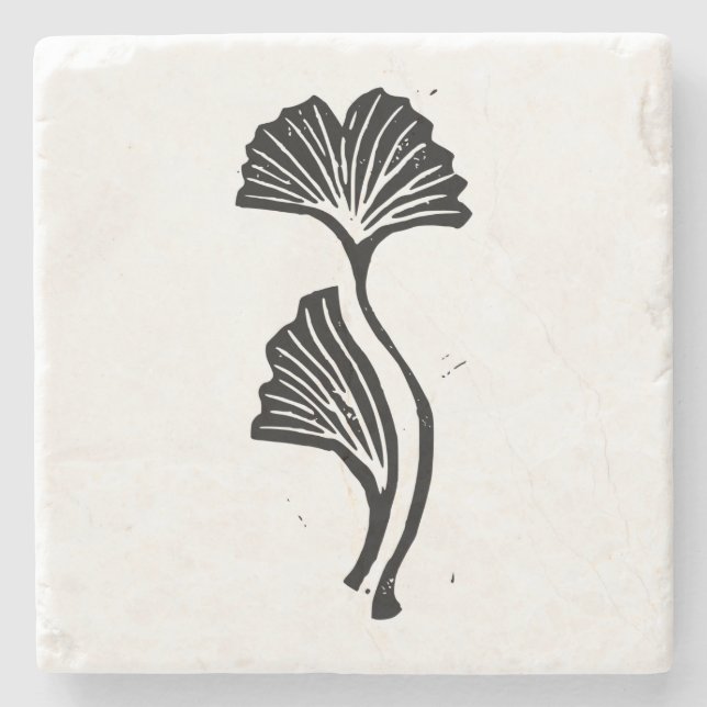Gingko Leaf Lino Print Steinuntersetzer (Vorderseite)