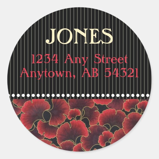 Gingko Pinstripe Dots Classy Red Black Art Deco Runder Aufkleber (Vorderseite)