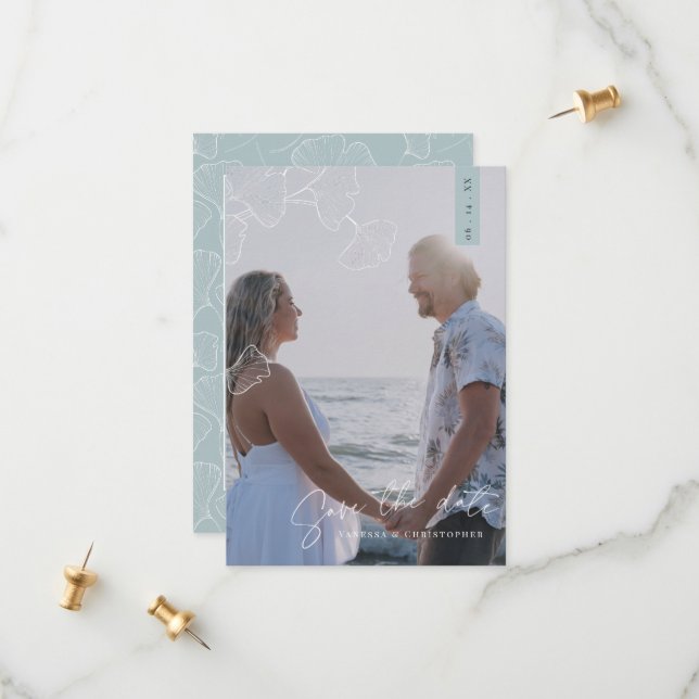 Ginkgo Biloba Whimsical Flat Save the Date Card (Vorderseite/Rückseite Beispiel)