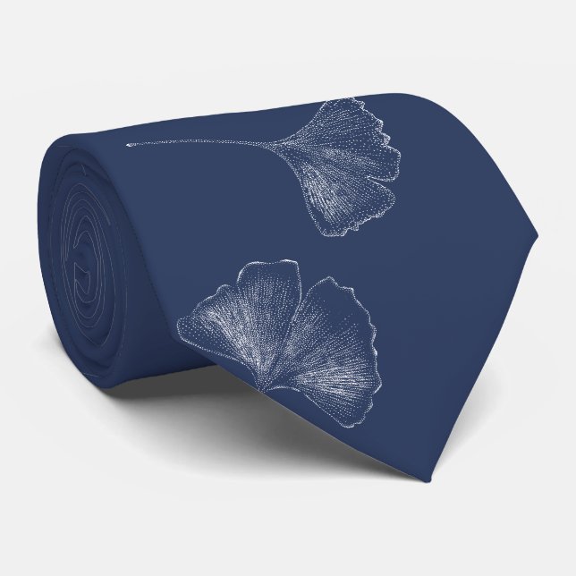 Ginkgo-Blätter Fallendes Muster Elegantes Navy Bla Krawatte (Gerollt)