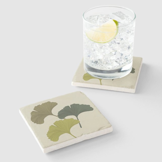 Ginkgo-Blätter - individuell anpassbare Hintergrun Steinuntersetzer (Seitenansicht)