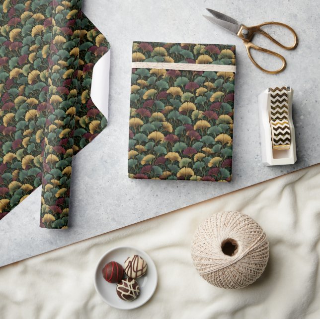 Ginkgo-Blattmuster Türkis Burgund  Geschenkpapier (Kunsthandwerk)