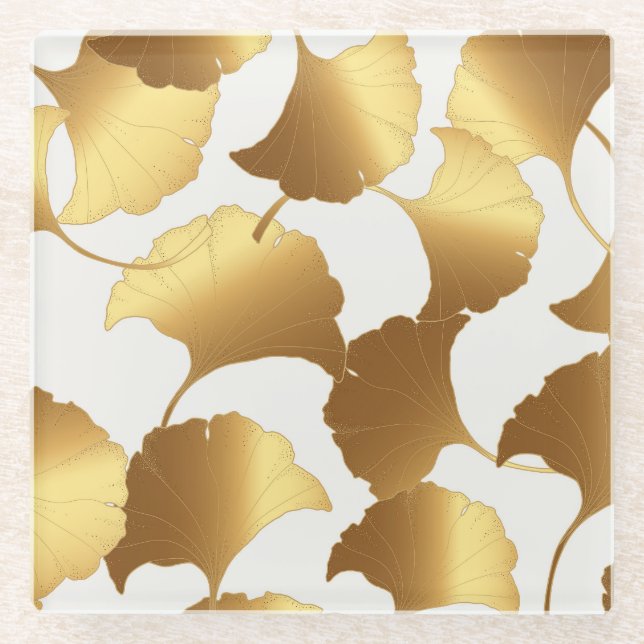 Ginkgo Gold: Luxus Vintages Design. Glasuntersetzer (Vorderseite)