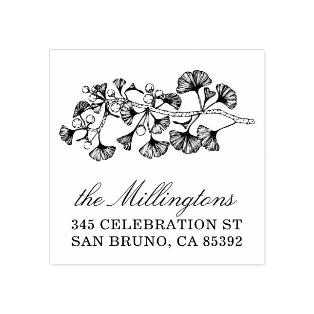 Ginkgo Illustration Name Skript & Rücksendeadresse Gummistempel (Prägung)