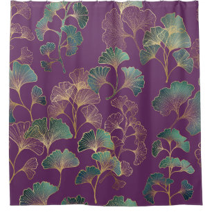 Ginkgo-Japanisches-Botanikmuster in Lila und Gold Duschvorhang