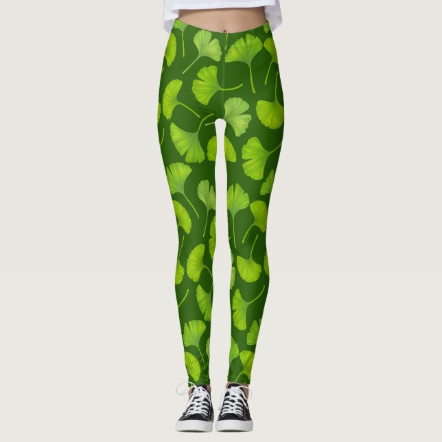 Ginkgo-Muster in dunkelgrün Leggings (Vorderseite)