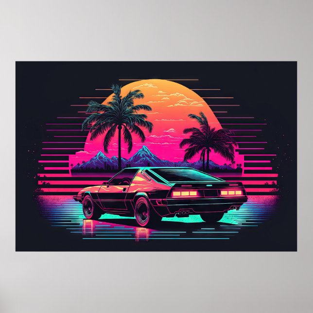 Gipfel der Synthwave: Auf dem Weg zum Sonnenunterg Poster (Vorne)