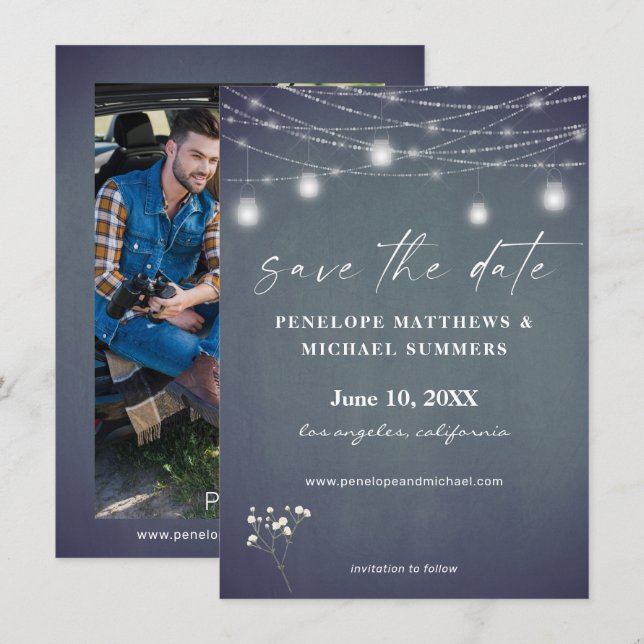 Gipskraut Blue Gray Chalkboard Foto Save The Date (Vorne/Hinten)