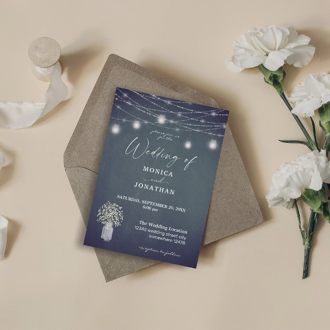 Gipskraut Blue Gray Chalkboard & String Lights Einladung (Von Creator hochgeladen)