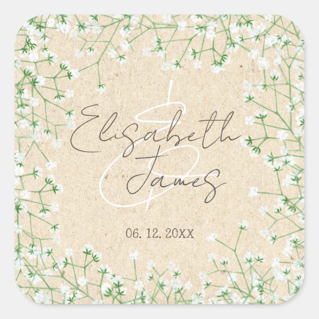Gipskraut Blume Elegante Rustic Boho Hochzeit Quadratischer Aufkleber (Vorderseite)