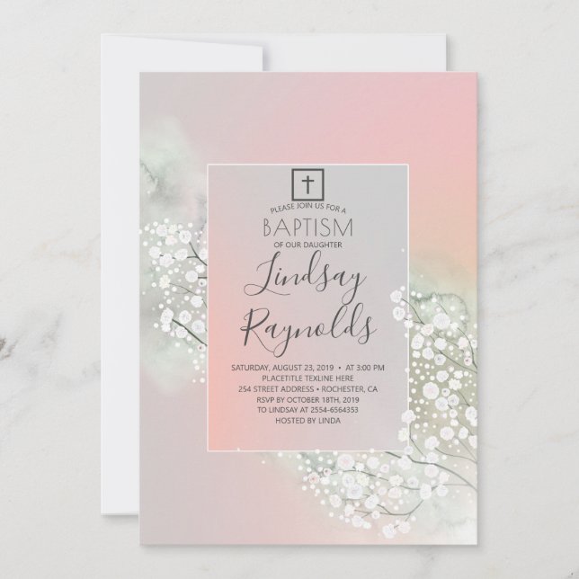 Gipskraut Blush Pink Floral Girls Taufe Einladung (Vorderseite)