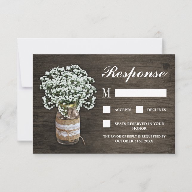 Gipskraut Burlap Mason Jar Wedding RSVP Cards (Vorderseite)