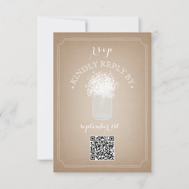 Gipskraut Cardstock Inspiriert Mason Jar QR Code RSVP Karte (Vorderseite)