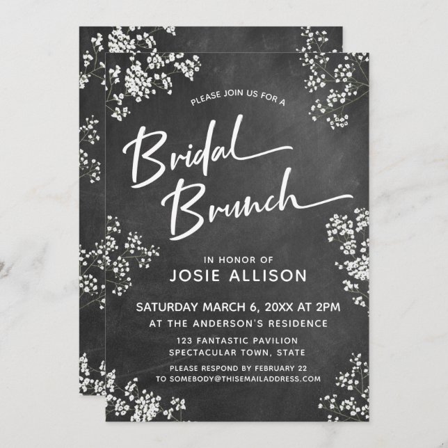 Gipskraut Chalkboard Modern Bridal Brunch Einladung (Vorne/Hinten)