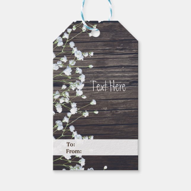 Gipskraut Floral & Dark Rustic Wood Wedding Geschenkanhänger (Vorderseite)