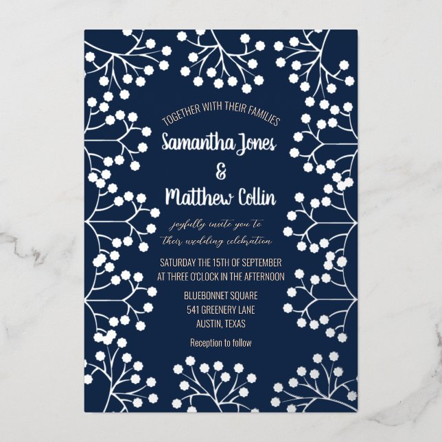 Gipskraut Floral Navy Blue Gold Foil Hochzeit Folieneinladung (Vorderseite)