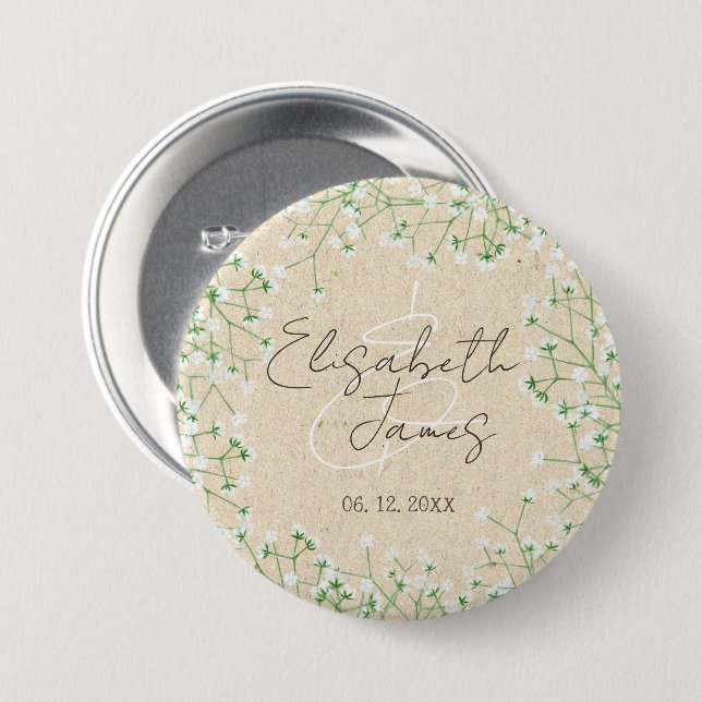 Gipskraut Floral Rustic Boho Bauernhof Hochzeit Button (Vorne & Hinten)