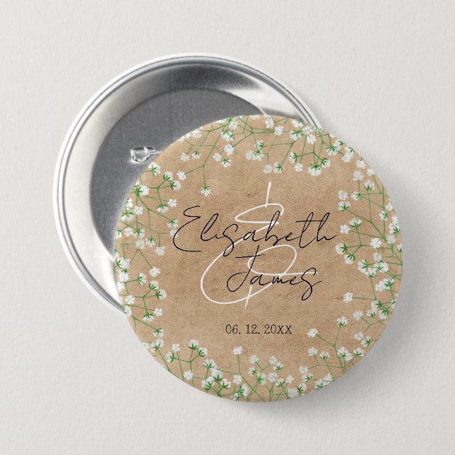 Gipskraut Floral Rustic Boho Bauernhof Hochzeit Button (Vorne & Hinten)