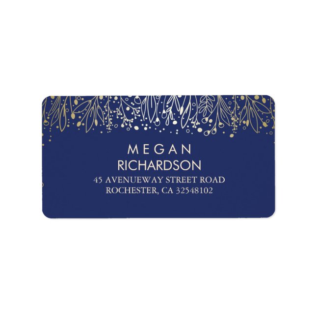 Gipskraut Gold und Navy Florals Hochzeit Adressaufkleber (Vorne)