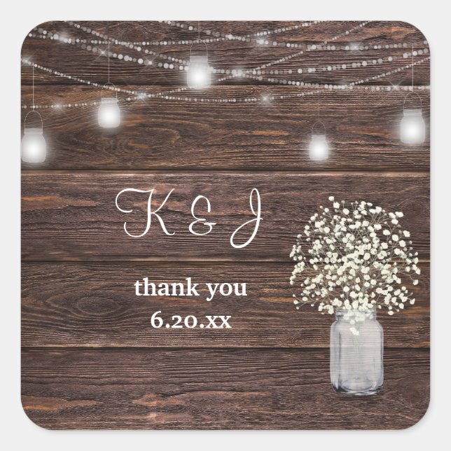 Gipskraut, Holz und Mason Jar String Lights Quadratischer Aufkleber (Vorderseite)