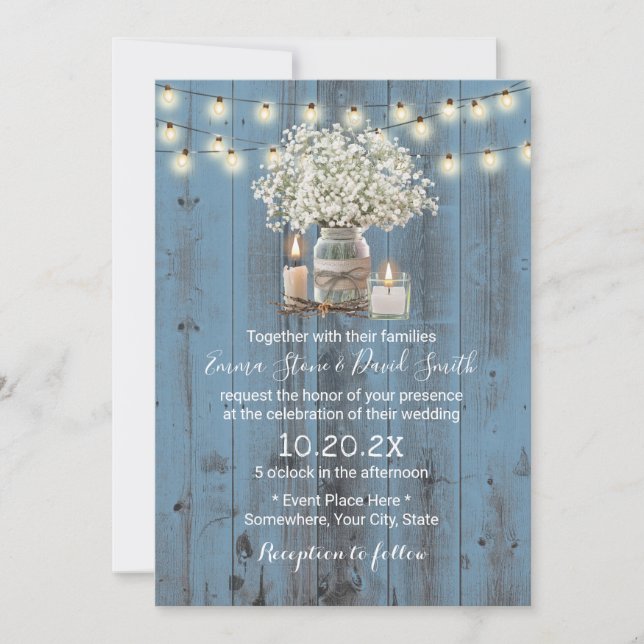 Gipskraut Jar Rustic Dusty Blue Barn Wedding Einladung (Vorderseite)