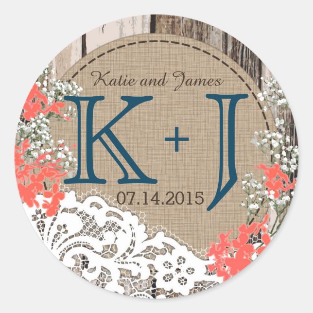 Gipskraut Lace Rustic Monogram Wedding Label Runder Aufkleber (Vorderseite)
