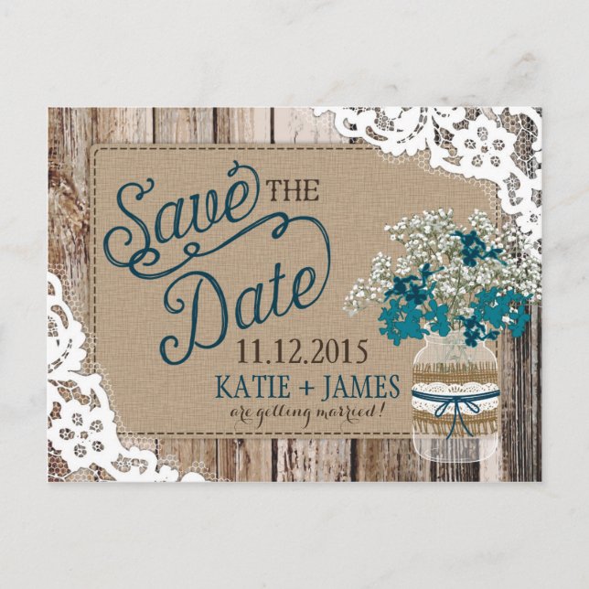 Gipskraut Lace Rustic Wood Save the Date Ankündigungspostkarte (Vorderseite)