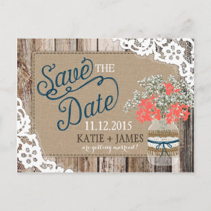 Gipskraut Lace Rustic Wood Save the Date Ankündigungspostkarte