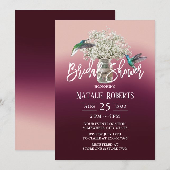 Gipskraut & Love Birds Rotes Brautparty Einladung (Vorne/Hinten)