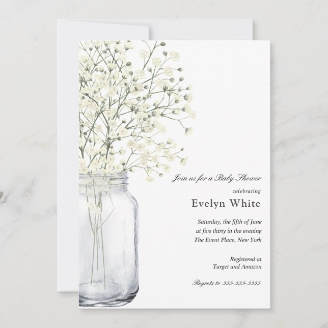 Gipskraut Mason Jar Baby Dusche Einladung (Vorderseite)