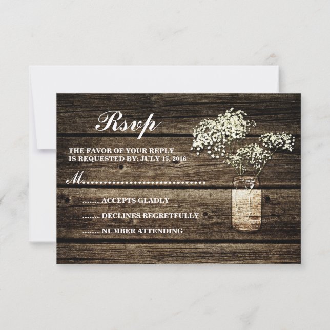 Gipskraut Mason Jar | Barn Wood Wedding RSVP (Vorderseite)
